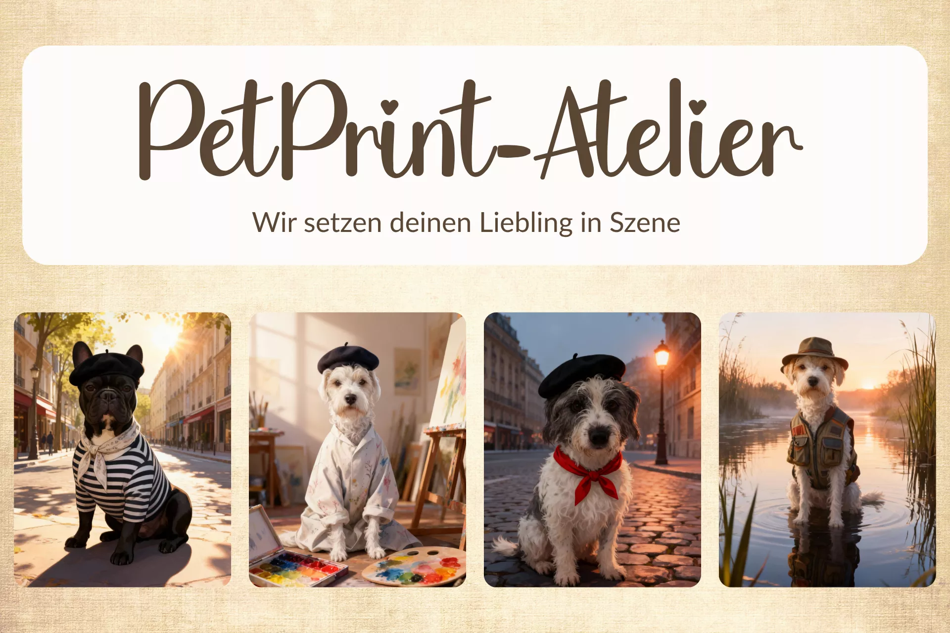 Hunde mit Hüten, Schleifen und Bekleidung